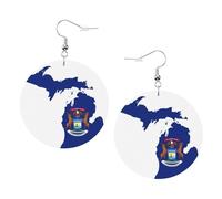 Juego de aretes redondos con diseño de mapa de la bandera del estado de Michigan para mujer, 1 par de aretes perforados de cuero ligero, regalos de joyería de moda para mujeres y niñas, One Size