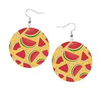 Juego de aretes redondos de cuero con estampado amarillo y sandías, 1 par de aretes de cuero elegantes para mujer, joyería de regalo, One Size, Poliéster