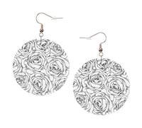 Juego de aretes redondos de cuero con estampado de rosas blancas y negras, 1 par de aretes de cuero elegantes para mujer, joyería de regalo, One Size, Poliéster