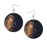 Juego de aretes redondos de cuero con nota musical dorada con estampado de estrella brillante caída, 1 par de aretes de cuero elegantes para mujer, regalos de joyería, One Size, Poliéster