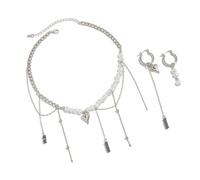 Juego de aretes y collar de cadena cubana vintage, perlas y cadena de plata, juego de collar para uso diario, joyería de inspiración vintage, talla única, como se describe, como se describe