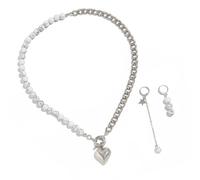 Juego de aretes y collar de cadena cubana vintage, perlas y cadena de plata, juego de collar para uso diario, joyería de inspiración vintage, talla única, como se describe, como se describe