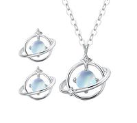 Juego de aretes y collares de plata con circonita azul creativa de planeta para boda, joyería de boda, aretes de corazón con cuentas para mujer, talla única, Metal, No es una piedra preciosa