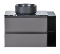 Juego de armario de lavabo flotante, placa de mármol, lavabo redondo de cerámica, 2 compartimentos laterales, montaje en pared, resistente al agua, fácil de limpiar, ordenación de cajones (negro)