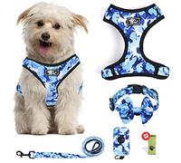 Juego de arnés para perro sin tirones, chaleco reflectante para mascotas con mango de fácil control, arnés con collar de lazo y soporte para bolsa de caca para cachorros, camuflaje azul medio