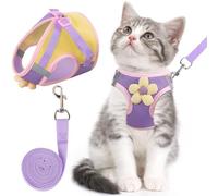 Juego de arnés y correa para gato para caminar a prueba de escapes, arnés ajustable de malla transpirable con tiras reflectantes con flores para gatito, cachorro, conejo, morado, talla S