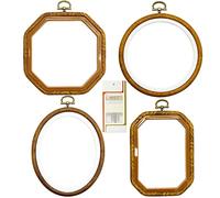 Juego de aros de bordado de madera de imitación de 4 tamaños, múltiples formas, anillos de aro de plástico para punto de cruz, para manualidades, costura, incluye 16 agujas de coser de ojo dorado