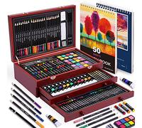 Juego de arte de lujo de 175 piezas con 2 almohadillas de dibujo, pinturas acrílicas, ceras, lápices de colores en estuche de madera, kit de arte profesional, para adultos, adolescentes y artistas,
