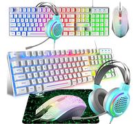 Juego de auriculares y mouse para juegos, 104 teclas, retroiluminado, diseño del Reino Unido, 2400 DPI, ligero, diseño de panal de abeja, combo de alfombrilla de mouse para PS4, Xbox (necesita