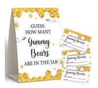 Juego de baby shower de abeja miel, adivina cuántos osos de gomita, decoraciones de oso baby shower, decoraciones de baby shower, decoración de género neutro, decoración de oso de goma, centros de mesa de baby shower, 50 tarjetas de adivinación y 1 cartel, 4