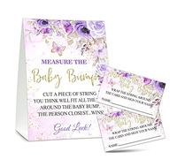 Juego de Baby Shower de Measure the Baby Bump, 1 letrero de pie con 50 tarjetas de adivinanzas, mariposa morada, suministros de decoración de fiesta de revelación de género - B03