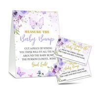 Juego de Baby Shower de Measure the Baby Bump, 1 letrero de pie con 50 tarjetas de adivinanzas, mariposa morada, suministros de decoración de fiesta de revelación de género - B02