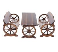Juego de banco de jardín para exteriores, 2 bancos y 1 mesa, juego de 3 piezas de madera maciza, diseño de rueda de vagón, muebles rústicos, para patio, piscina, porche delantero