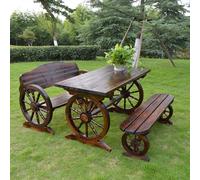 Juego de banco de patio con diseño de rueda de vagón, incluye 2 bancos y mesa, fácil montaje para relajarse al aire libre