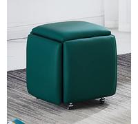 Juego de banco otomano de cuero verde, taburetes apilables 5 en 1 con ruedas, taburetes versátiles para sala de estar y comedor, 45 x 45 x 45 cm