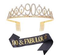 Juego de banda y tiara de diamantes de imitación 90 y fabuloso, regalos de 90 cumpleaños para mujeres, banda de cumpleaños negra y dorada para decoración de fiesta de cumpleaños 90 (negro 90)