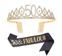 Juego de banda y tiara de diamantes de imitación de oro negro "50 & Fabulous", regalos de 50 cumpleaños para mujeres, banda de cumpleaños para mujer, decoración de fiesta de cumpleaños número 50
