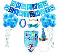 Juego de bandanas de cumpleaños para perros, sombrero de cumpleaños, bufanda, pancarta de cumpleaños, globos y pajarita (azul)
