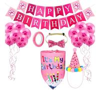 Juego de bandanas de cumpleaños para perros, sombrero de cumpleaños, bufanda, pancarta de cumpleaños, globos y pajarita (rosa)