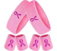 Juego de Bandas de Sudor de Concientización de Cáncer de Mama 6 Piezas, Incluyes 2 Diademas Deportivas y 4 Pulseras Muñequeras Juego para Mujeres y Hombres (Rosa)