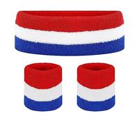 Juego de bandas deportivas para el sudor (1 diadema + 2 muñequeras), color rojo, blanco y azul, a rayas, banda elástica de algodón para baloncesto, tenis y ejercicio