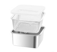 Juego de bandejas de acero inoxidable de 3 piezas con cesta de filtro, recipientes de almacenamiento de alimentos aptos para lavavajillas para organización de refrigerador de cocina (19 x 19 x 9 cm)