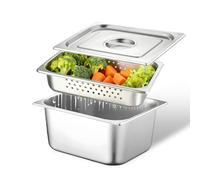Juego de bandejas para empanar, recipiente gastronorm, recipiente gastronorm, acero inoxidable, 32,5 x 26,5 x 10 cm, sartén de acero inoxidable con orificios y tapa para escurrir o como bandeja de