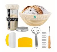 Juego de Banetones para Pan con Sourdough Starter Jar + Rascador de Metal + Rascador de Plástico + Batidor de Masa + Cuchillo de panadero,Perfecto para Panadería de Masa Madre Profesional y Casera