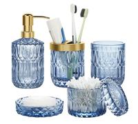 Juego de baño de 5 Piezas, Accesorios de baño de Cristal, Moderno Juego de dispensador de jabón, jabonera, Soporte para Cepillo de Dientes, bidón de algodón y Vaso (Negro Degradado) (Azul)