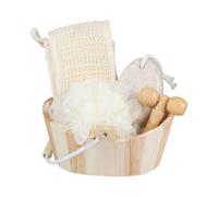 Juego de baño de madera natural con contenedor de almacenamiento, artículos esenciales de ducha de fibra natural para el hogar, spa, juego de baño relajante