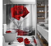 Juego de baño de rosas rojas con cortina de ducha y alfombras, juego de cortinas de ducha de rosas rojas al agua con alfombras antideslizantes, alfombrilla de baño, tapa de inodoro y 12 ganchos fuertes, cortina de ducha de estilo moderno para baño