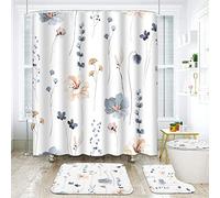 Juego de baño floral azul beige con cortina de ducha y alfombras y accesorios, juego de cortinas de ducha de flores silvestres para baño, decoración de baño floral de primavera, 4 piezas