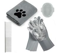 Juego de baño para perros 4 en 1 con paño seco, guantes, peine de metal, cepillo de masaje, juego de ducha para perros, kit de cuidado ideal para mascotas (4 gris)