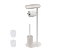 Relaxdays Juego de baño, 67 x 23 x 17 cm, blanco | Soporte papel higiénico, escobilla, 2 cabezales repuesto