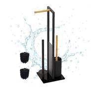 Juego de baño Relaxdays, 65 x 21 x 18 cm, Soporte de Papel higiénico, escobilla, Porta Rollos, Negro/Natural