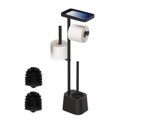 Juego de baño Relaxdays, HBT 65,5 x 29 x 11,5 cm, de pie, portarrollos, escobilla, Soporte de repuestos, Estante, Negro