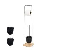 Juego de baño Relaxdays, HxWxD: 72,5 x 15 x 14,5 cm, Acero y bambú, Soporte de Papel higiénico, escobilla, Negro/Natural