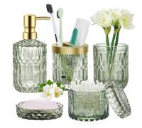 Juego de baño Verde, Juego de Accesorios de baño de Lujo, dispensador de Jabón de Vidrio, Soporte para Cepillo de Dientes, Soporte para Jabonera, Vaso para Tarros de Hisopos de Algodón,Regalo Vintage
