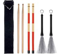 Juego de baquetas de tambor, 1 par de cepillos de alambre de tambor retráctiles, 1 par de cepillos de tambor y 1 par de baquetas de madera de arce clásico 5A para Jazz Folk Music regalo total 3 pares con bolsa de almacenamiento