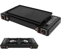 Juego de barbacoa de gas 2 en 1 para camping con 2 quemadores con plancha y bolsa de transporte, hornillo de camping de 2500 W por quemador, encendido piezoeléctrico, protección contra sobrepresión