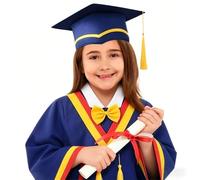 Juego de bata y gorra de graduación para niños, azul marino, con ribete rojo y dorado, disfraz de graduación de escuela secundaria, sesión de fotos de 5 a 18 años, con pajarita y borla