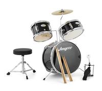 Juego de batería infantil de 3 piezas con platillo, 2 baquetas, pedal, 2 Tom, kit de batería para principiantes con taburete de trono, instrumentos musicales para niños y niñas, color negro
