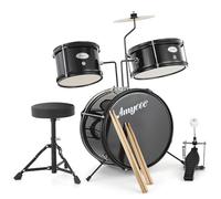 Juego de batería infantil de 3 piezas con platillo, 2 baquetas, pedal, 2 Tom, kit de batería para principiantes con taburete de trono, instrumentos musicales para niños y niñas, color negro