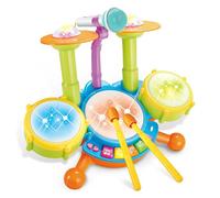 Juego de batería para niños, instrumentos musicales electrónicos, juguetes para niños pequeños con 2 baquetas, luz de flash y micrófono ajustable, regalo de cumpleaños para niños y niñas de 1 a 6 años
