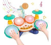 Juego de batería para niños - Juego de batería para niños pequeños de 1 a 3, 4 ritmos con luz de flash para bebés con micrófono y sin palos, set de batería para bebés para niños y niñas, regalos