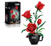 Juego de bloques de construcción de flores de rosas rojas con jarrón de taza de café para adultos, compatible con flores Lego, kit de colección botánica de rosas de 450 piezas para el día de San