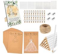 Juego de boda Guess the Dress 101er Set con soporte, 30 tarjetas de papel de estraza de 17,6 cm, sacapuntas, pinzas de corazón, cuerda de yute, JGA para mujer, actividades de fiesta, decoración de