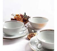 Juego de boles consomé (12 piezas) de porcelana blanca Rhein, 6 boles consomé con asas (35 cl), 6 platillos para tazas, con filo de oro