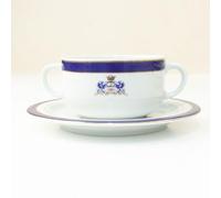 Juego de boles consomé de porcelana blanca (12 piezas) Duisburg, 6 boles consomé con asas (55 cl), 6 platillos para tazas, azul cobalto y filo de oro