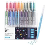 Juego de bolígrafos de gel con purpurina y tapón Grabby de 42 colores, punta mediana de 1,0 mm, punta de roller suave, bolígrafos de gel metálicos brillantes para colorear, escritura fluida sin saltos